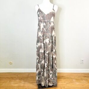 Express Maxi Dress Paisley Tiered Size XS Brown Boho Sleeveless V-Neck